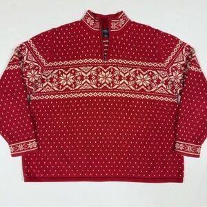 Vintage Lands End Nordic Fair Isle 1/4 Zip Sweater Womens  XL Red Ski Snowflakes